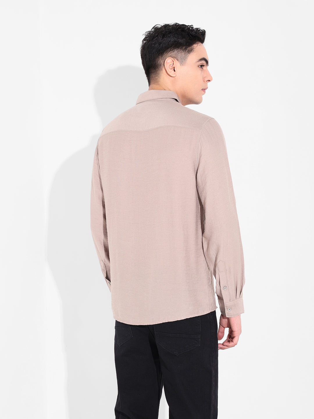 Men's Beige Regular Fit Casual Solid Shirt