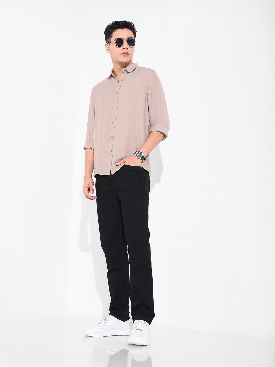 Men's Beige Regular Fit Casual Solid Shirt