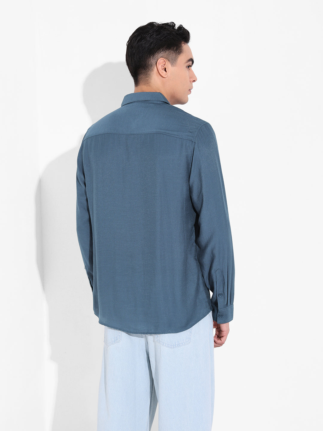 Men's Navy Blue Regular Fit Casual Solid Shirt