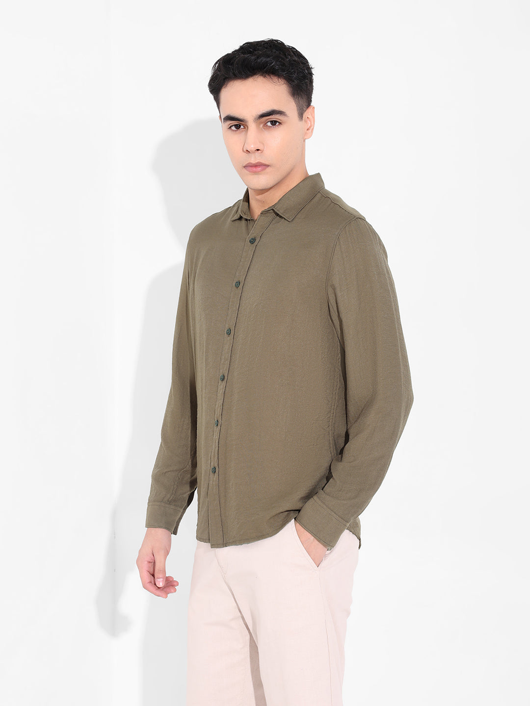 Men's Olive Regular Fit Casual Solid Shirt