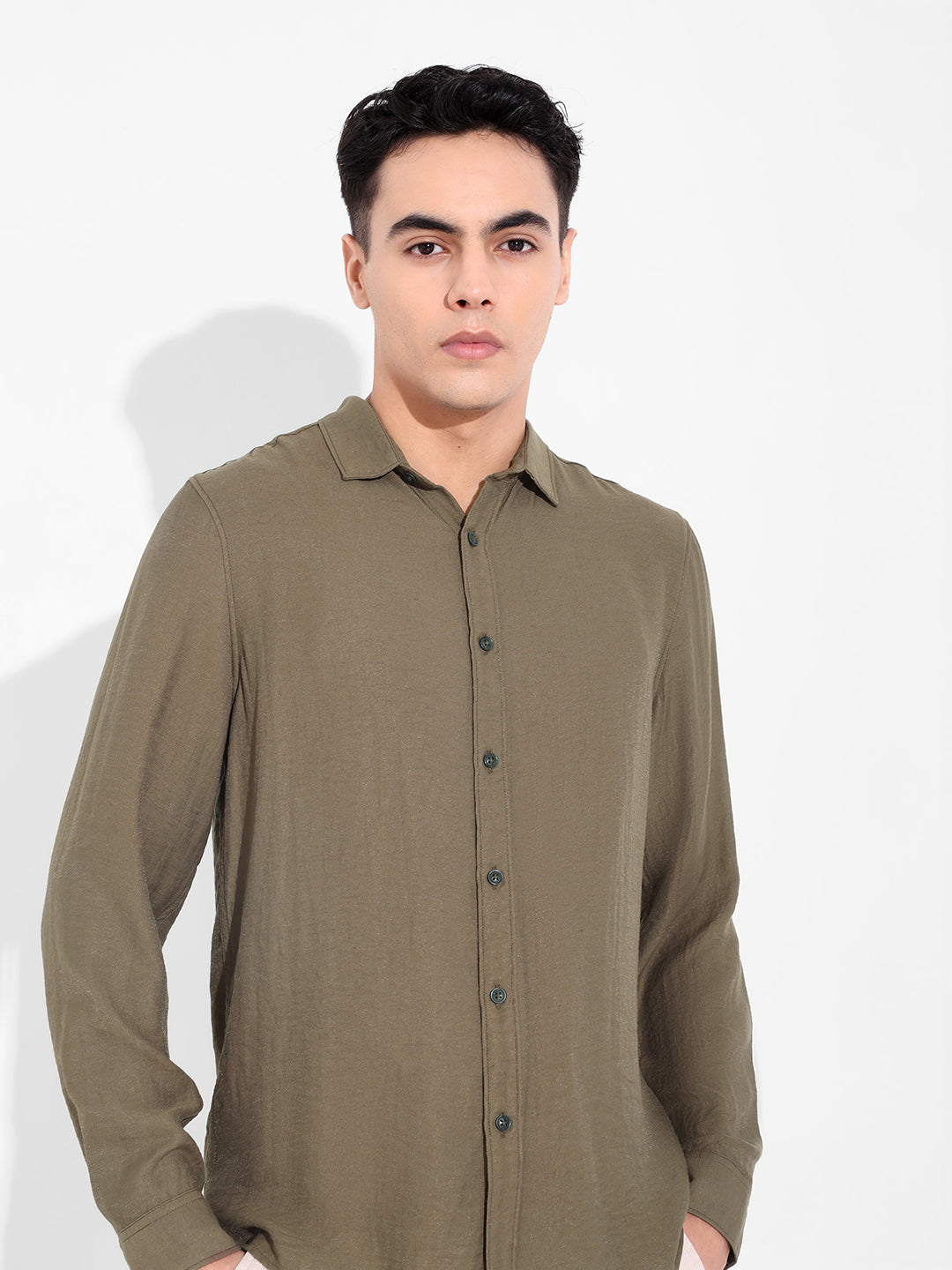 Men's Olive Regular Fit Casual Solid Shirt