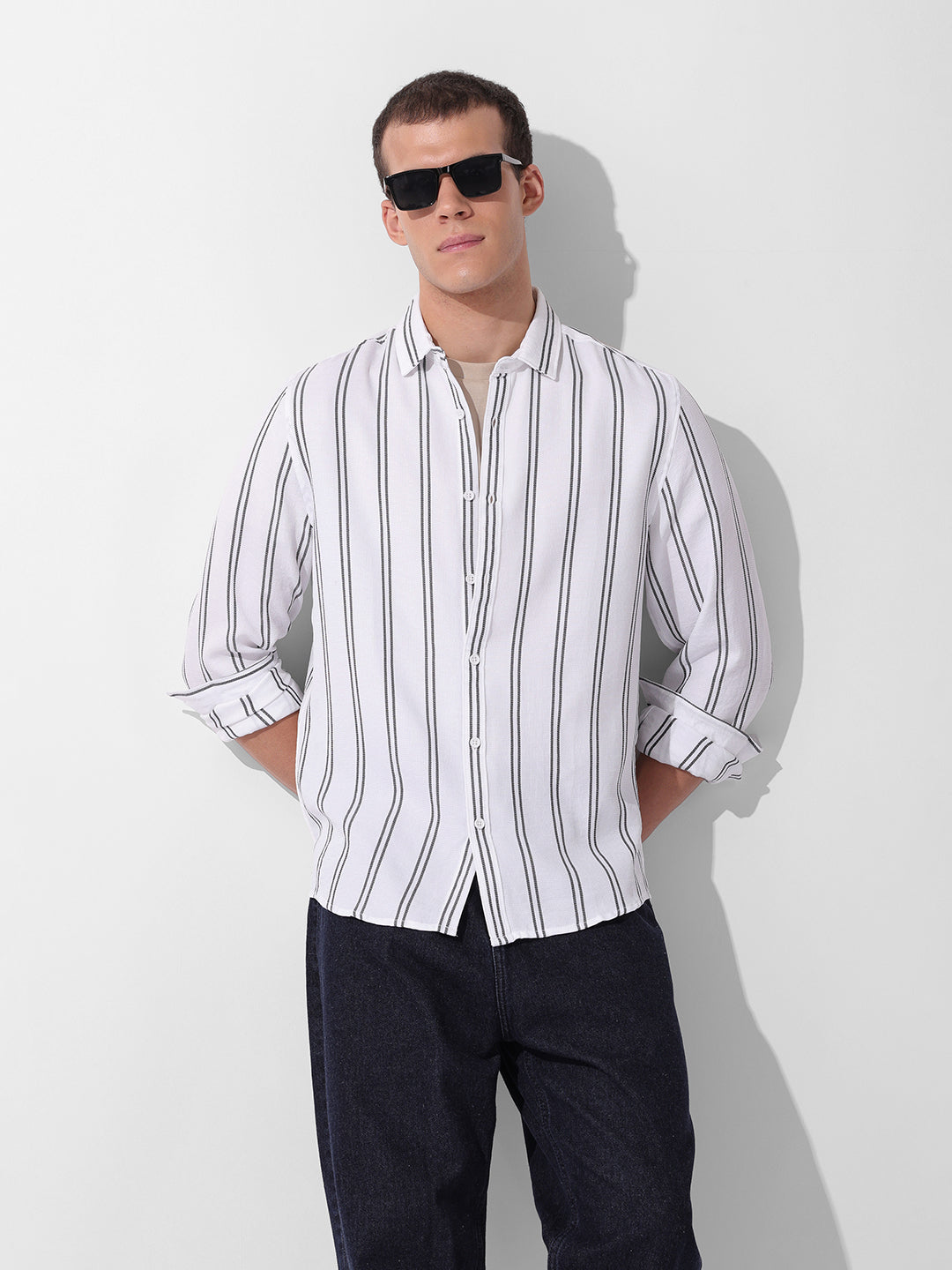 Men's White Regular Fit Striped Casual Shirt