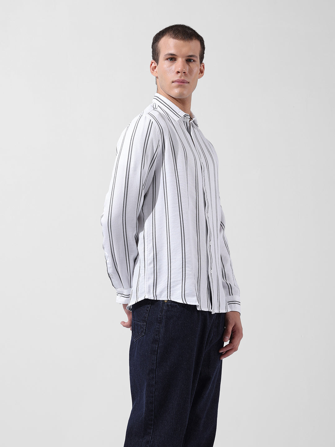 Men's White Regular Fit Striped Casual Shirt