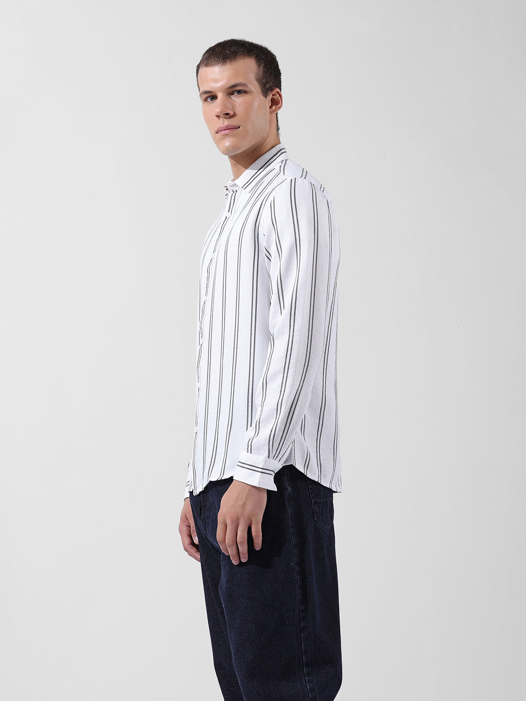 Men's White Regular Fit Striped Casual Shirt