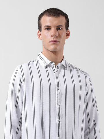Men's White Regular Fit Striped Casual Shirt