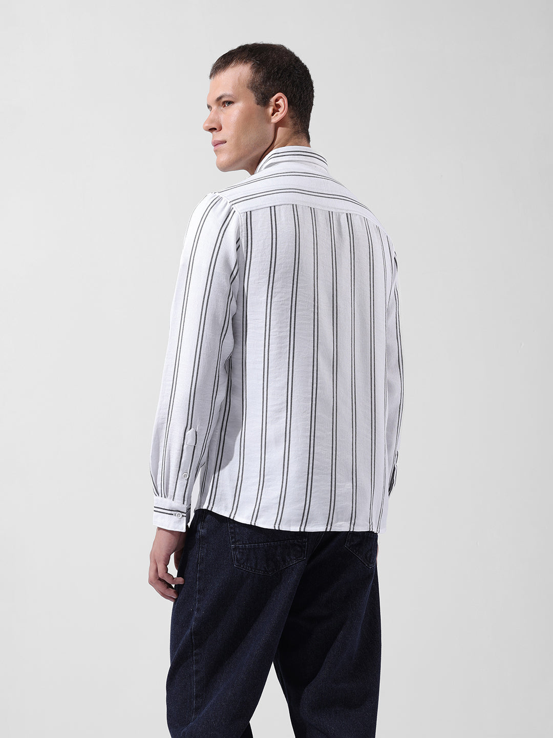 Men's White Regular Fit Striped Casual Shirt