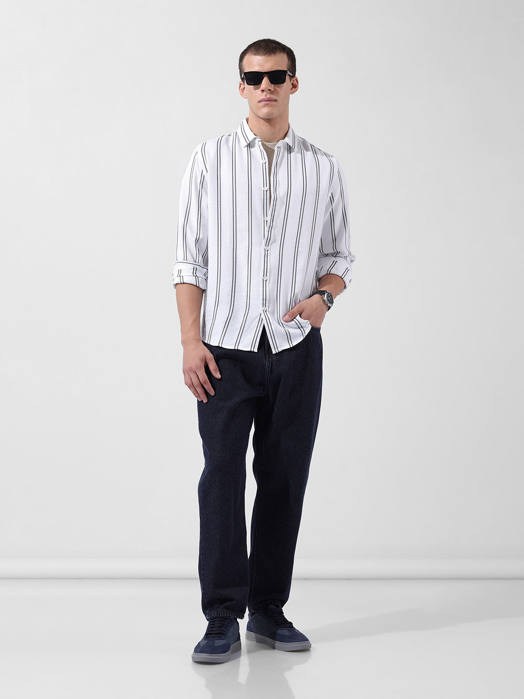 Men's White Regular Fit Striped Casual Shirt