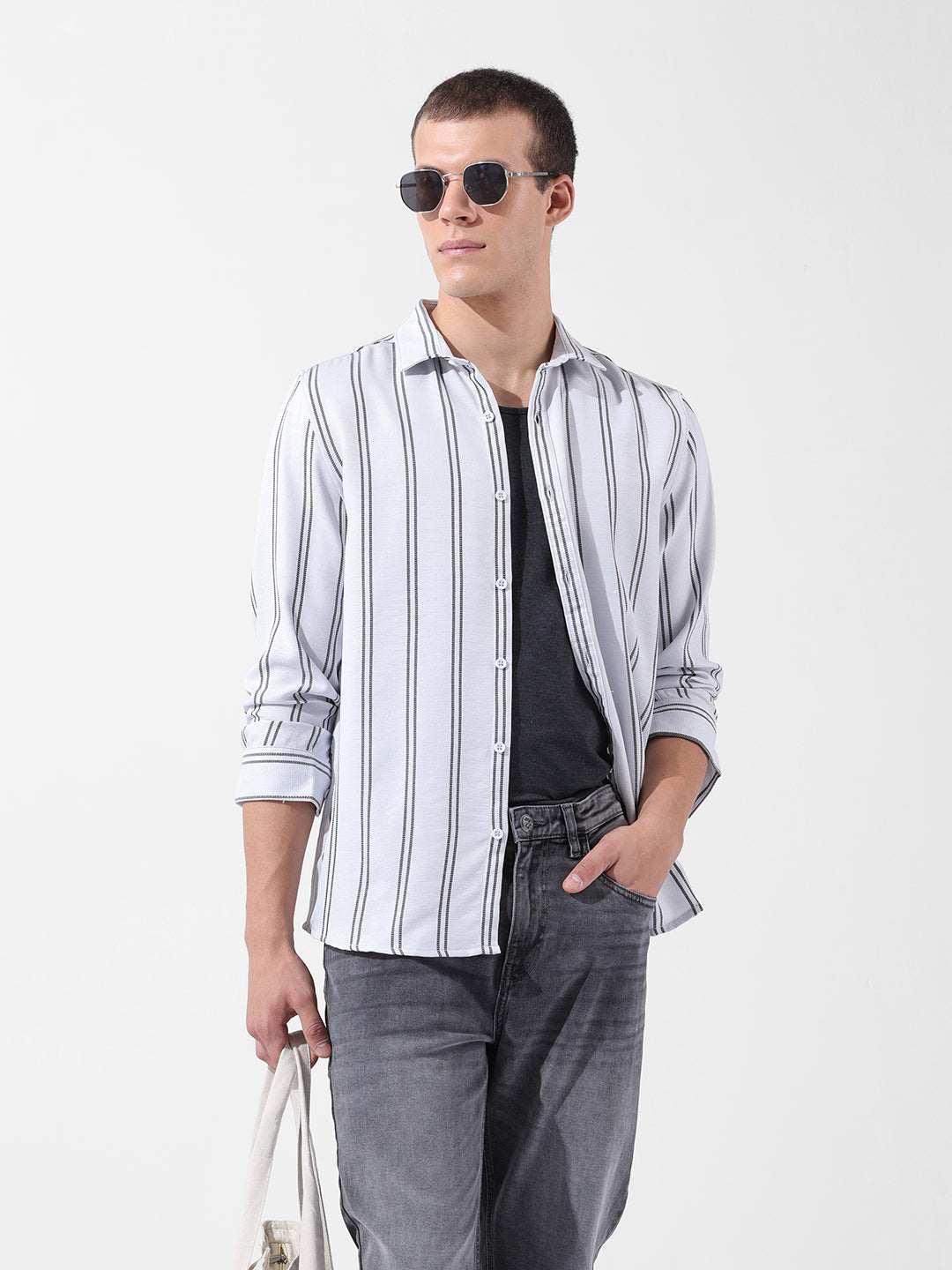 Men's Grey Regular Fit Striped Casual Shirt