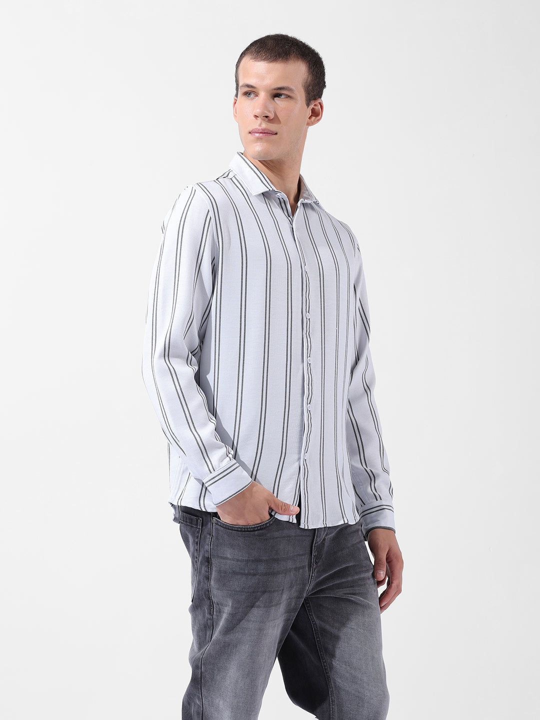 Men's Grey Regular Fit Striped Casual Shirt