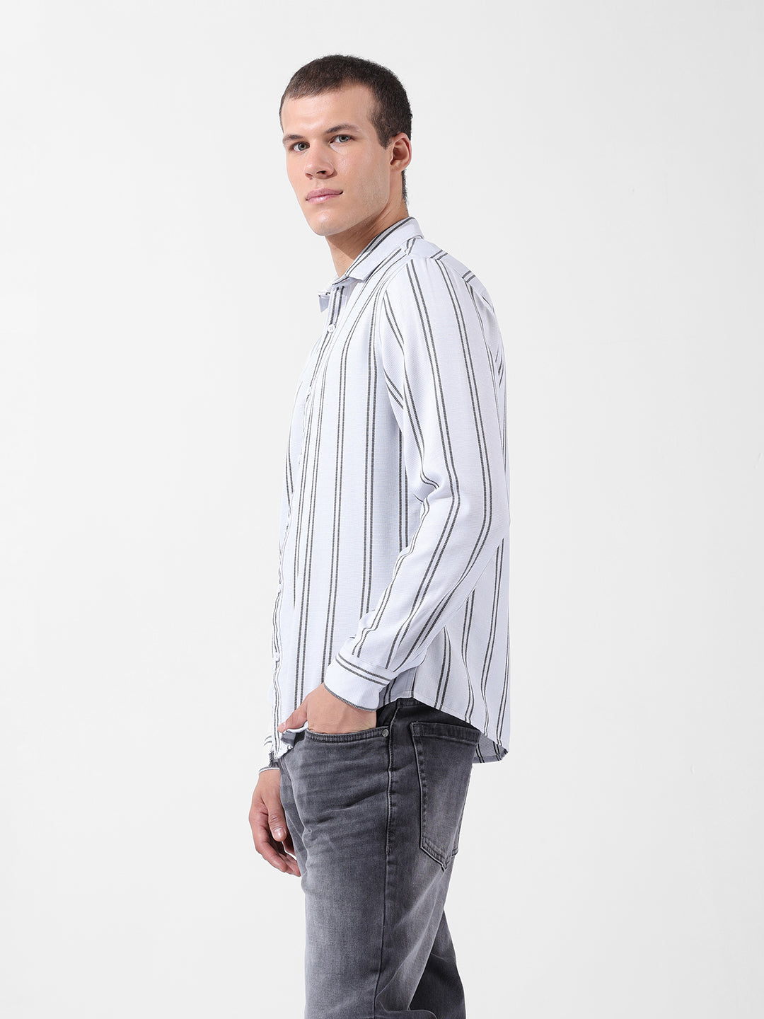 Men's Grey Regular Fit Striped Casual Shirt
