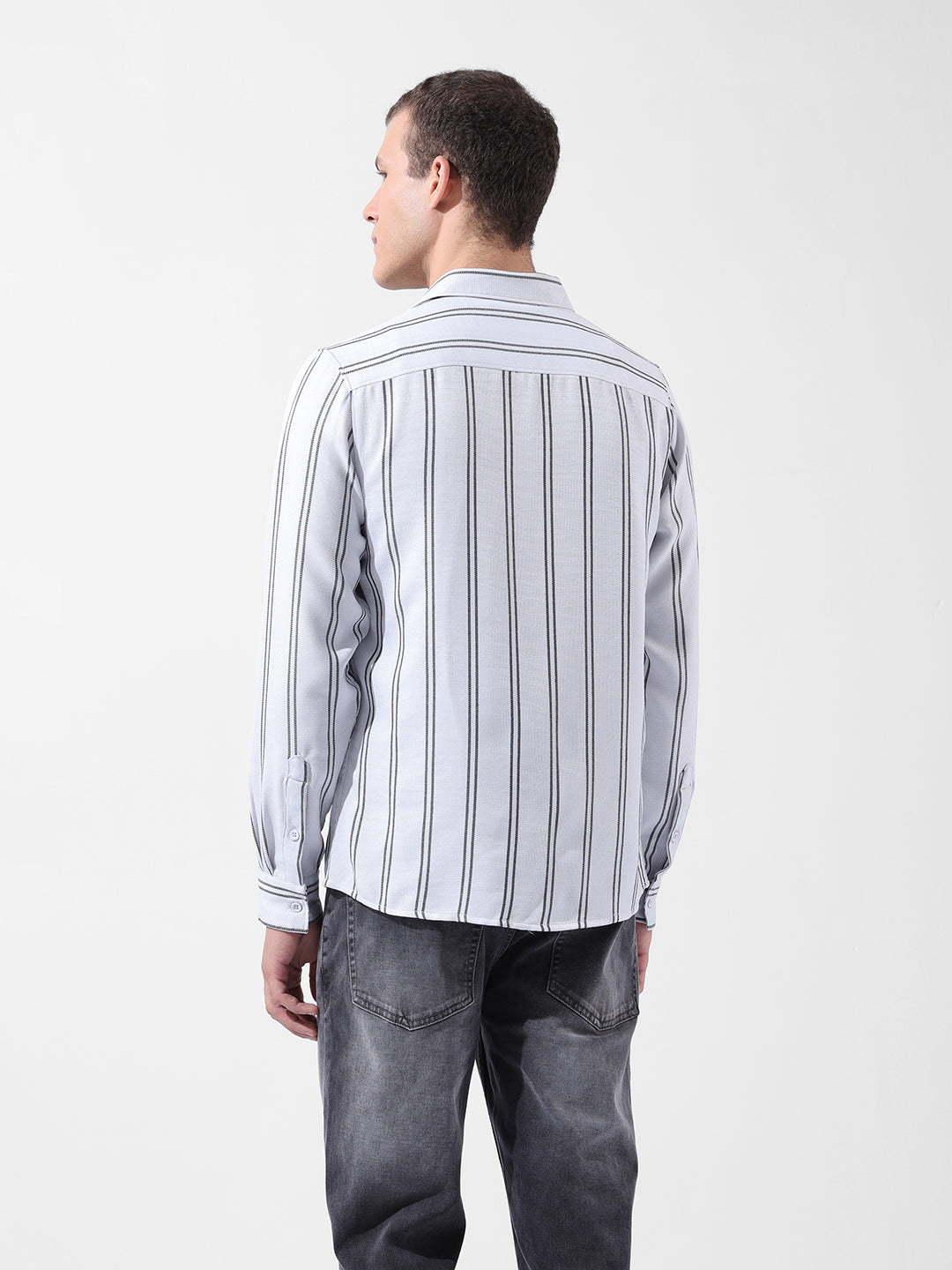 Men's Grey Regular Fit Striped Casual Shirt
