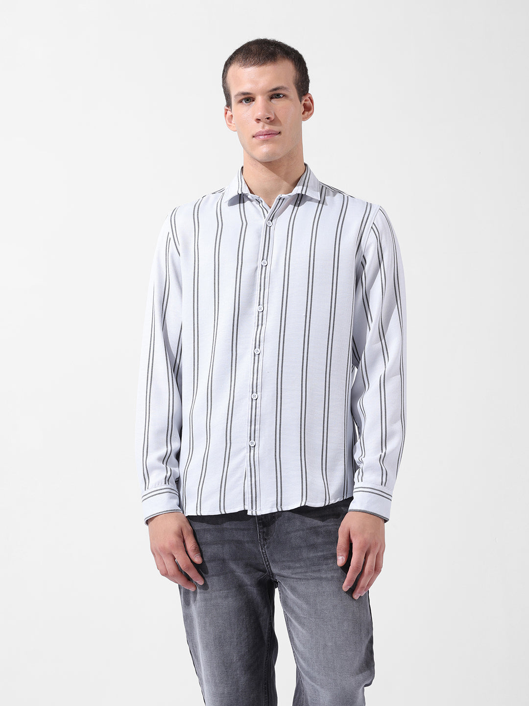 Men's Grey Regular Fit Striped Casual Shirt