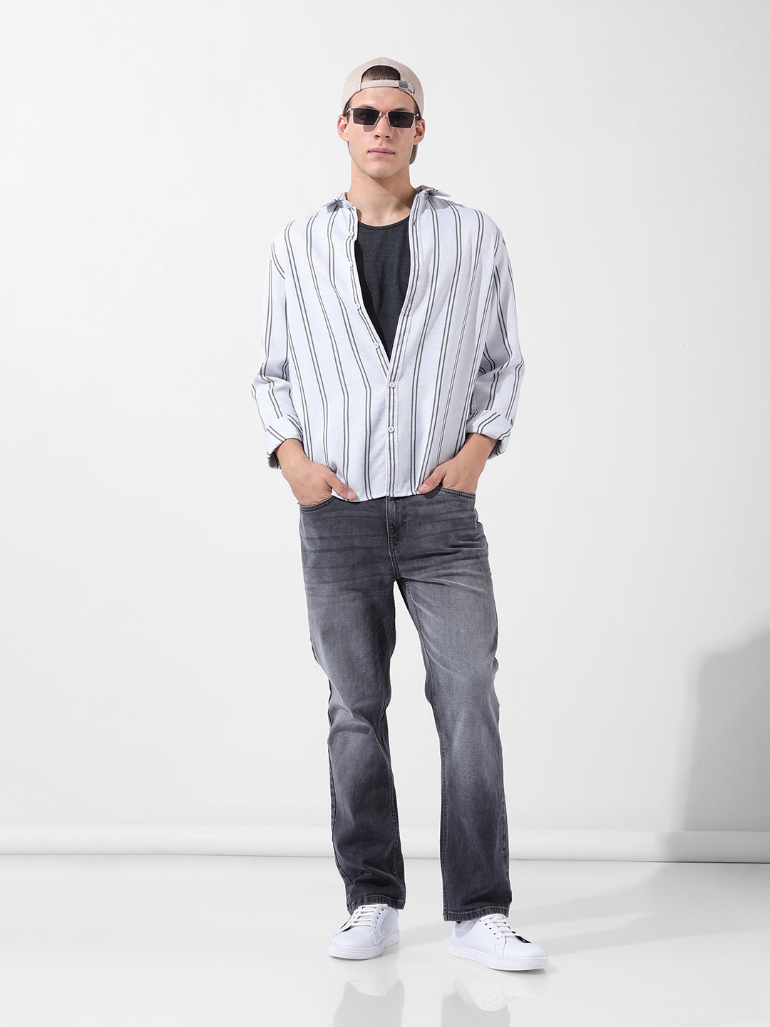 Men's Grey Regular Fit Striped Casual Shirt