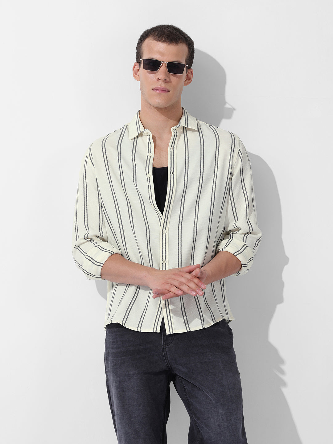 Men's Yellow Regular Fit Striped Casual Shirt