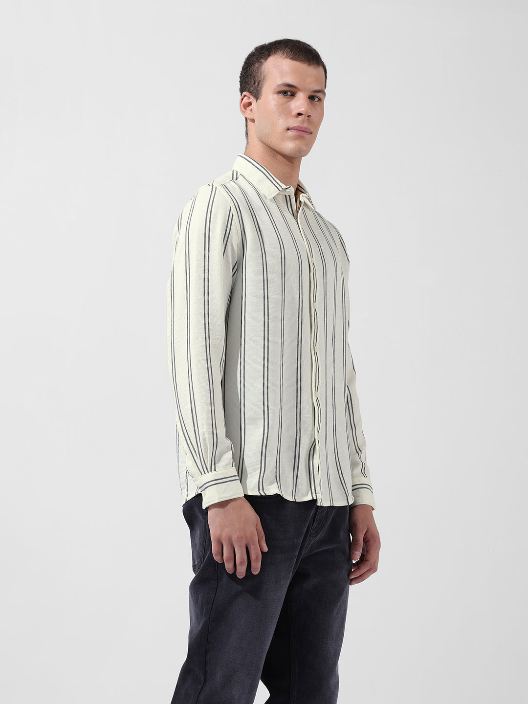 Men's Yellow Regular Fit Striped Casual Shirt
