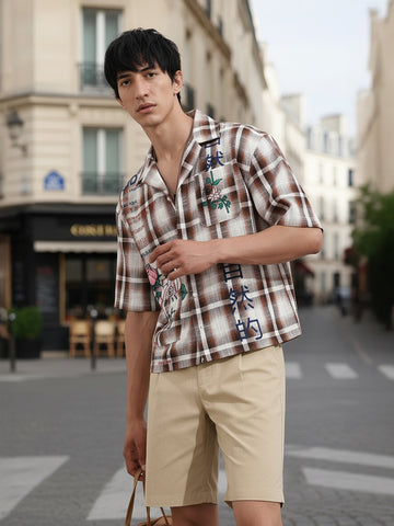 Men's Brown Oversized Fit Resort Wear Checked Shirt