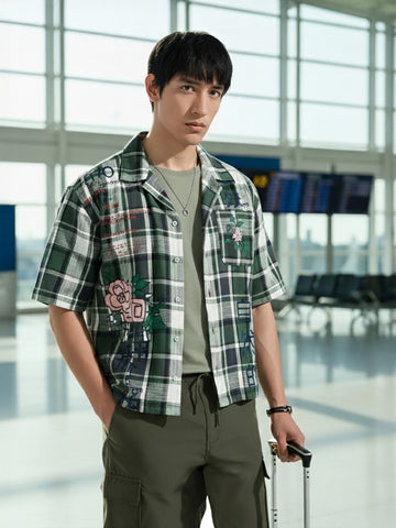 Men's Green Oversized Fit Resort Wear Checked Shirt