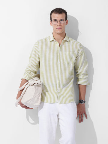 Men's Green Slim Fit Striped Casual Shirt