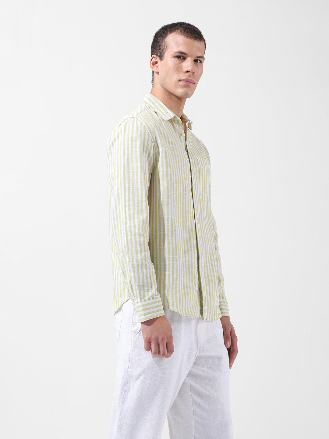 Men's Green Slim Fit Striped Casual Shirt