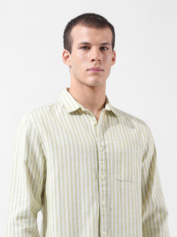 Men's Green Slim Fit Striped Casual Shirt