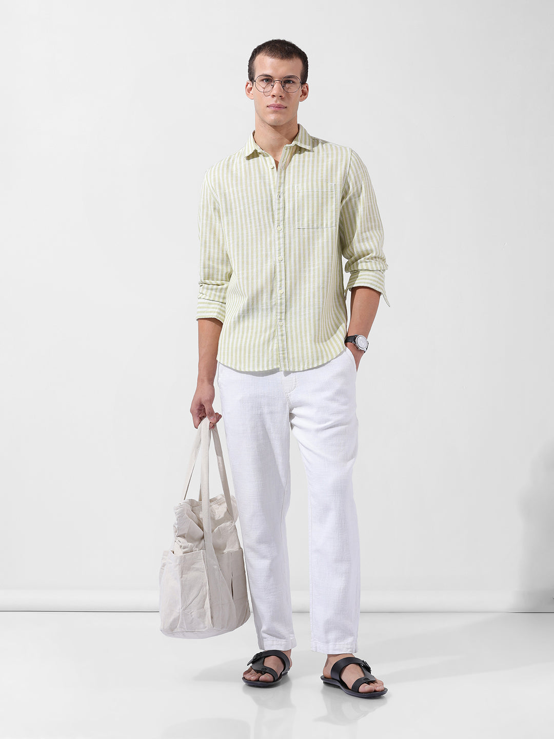 Men's Green Slim Fit Striped Casual Shirt