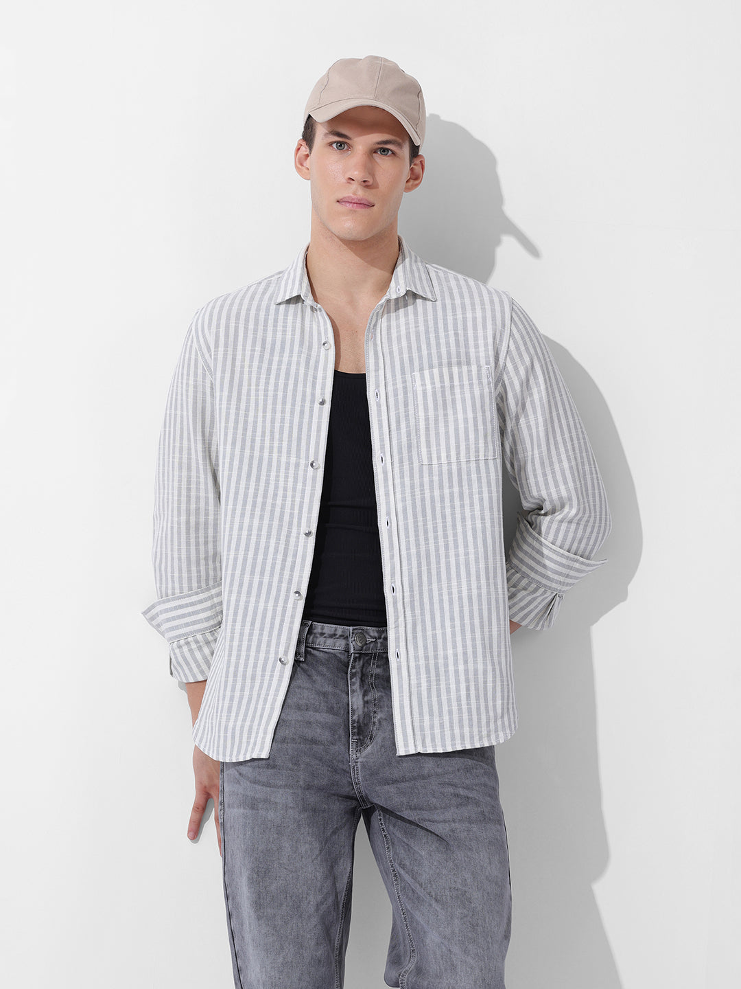 Men's Grey Slim Fit Striped Casual Shirt