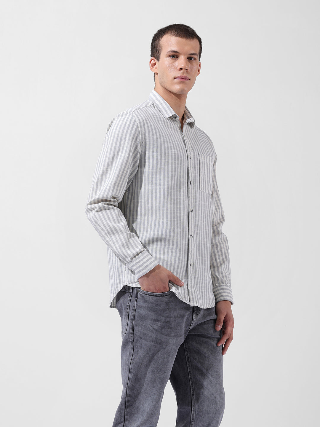 Men's Grey Slim Fit Striped Casual Shirt