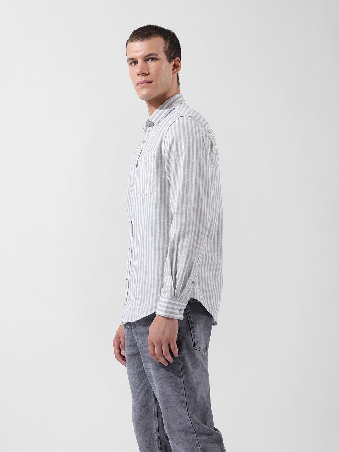 Men's Grey Slim Fit Striped Casual Shirt