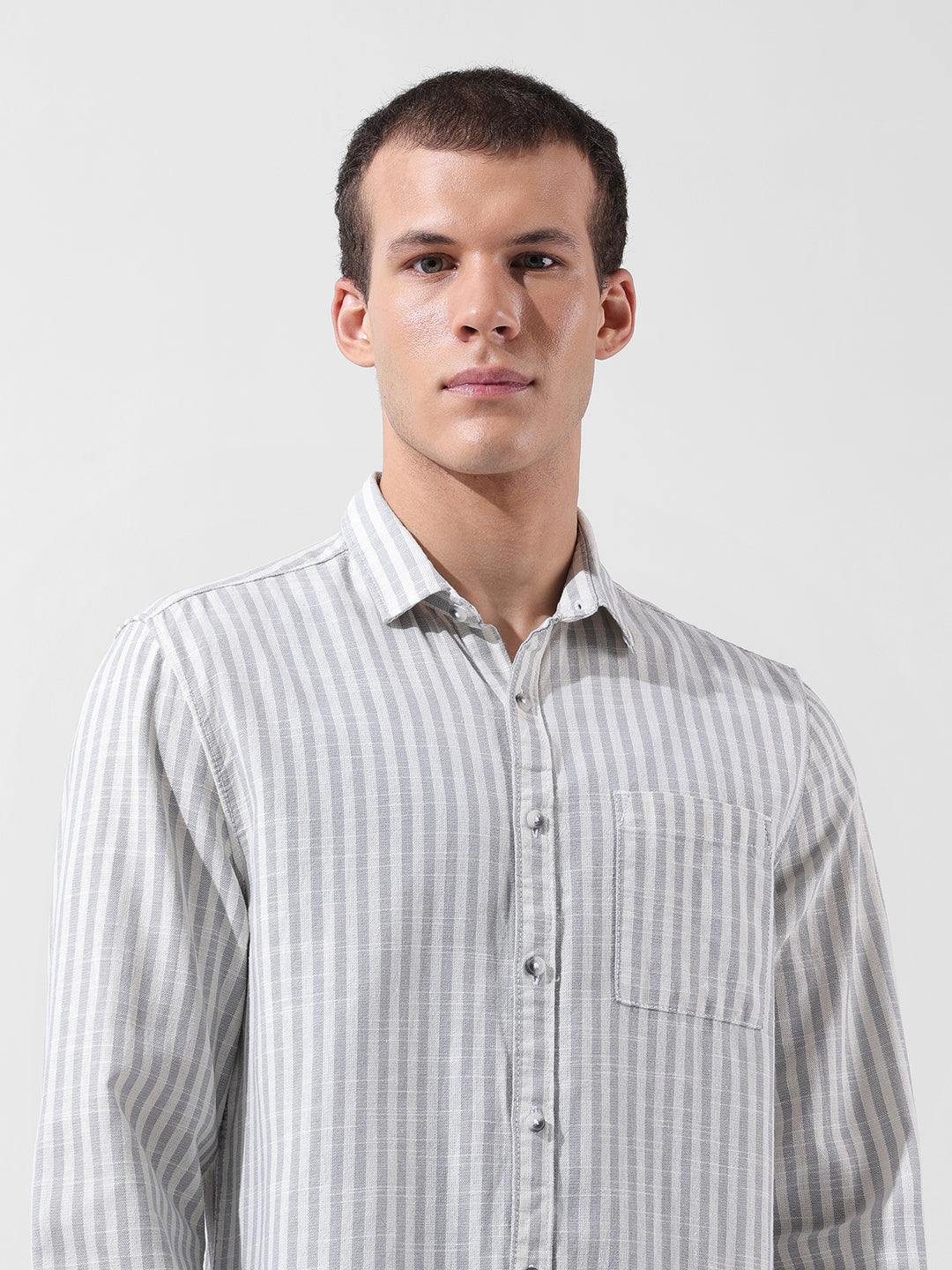 Men's Grey Slim Fit Striped Casual Shirt