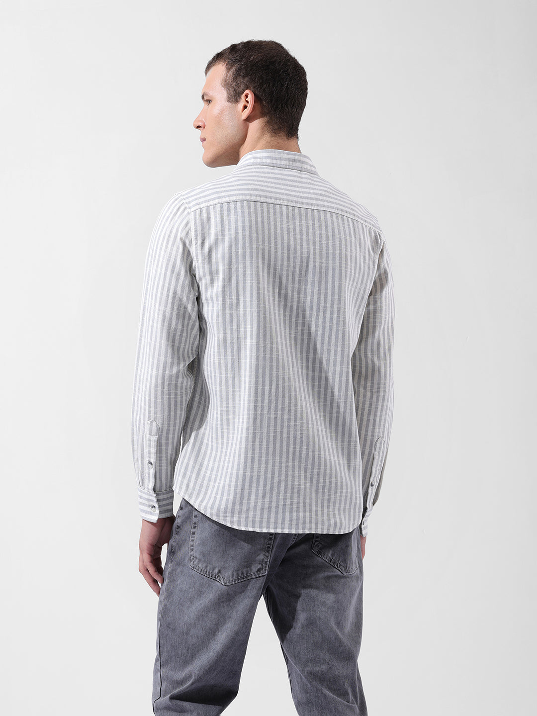 Men's Grey Slim Fit Striped Casual Shirt