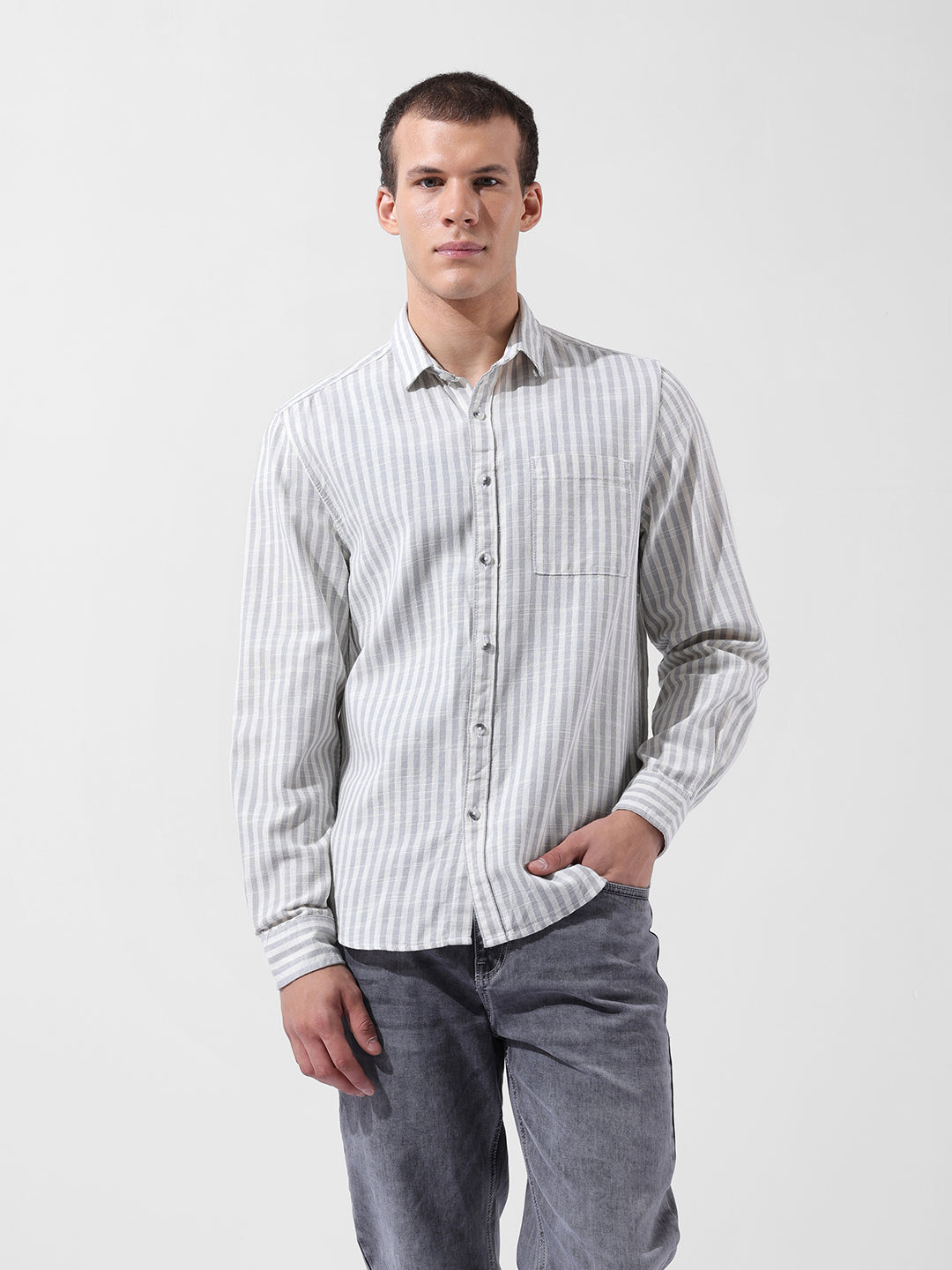Men's Grey Slim Fit Striped Casual Shirt