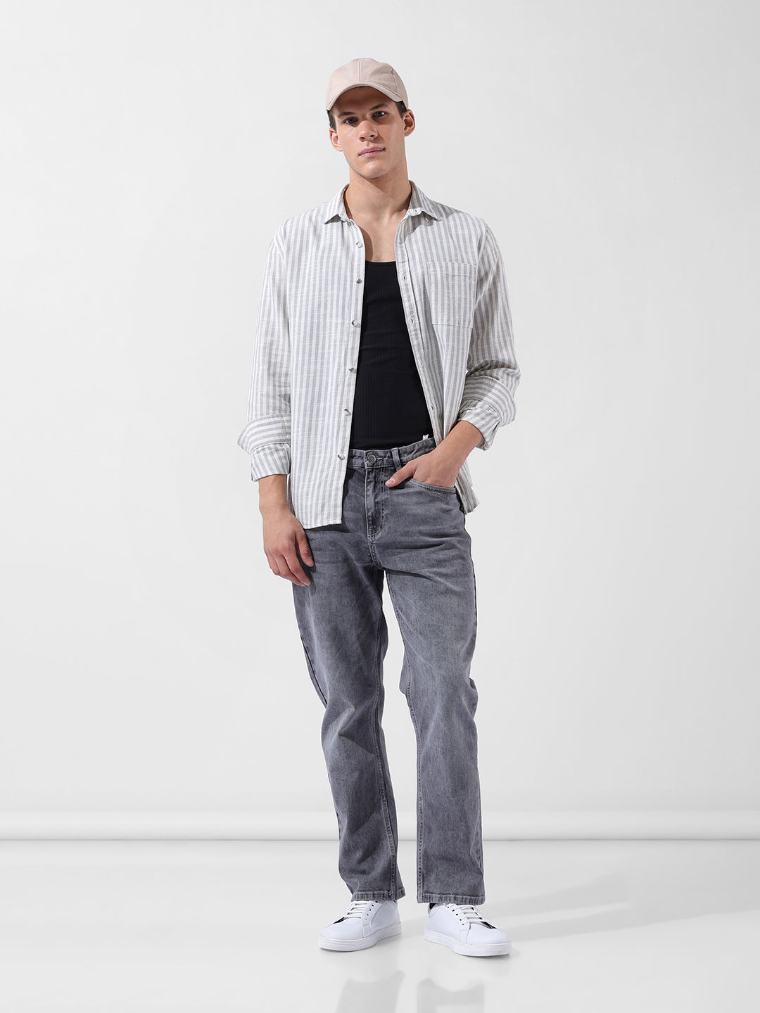 Men's Grey Slim Fit Striped Casual Shirt