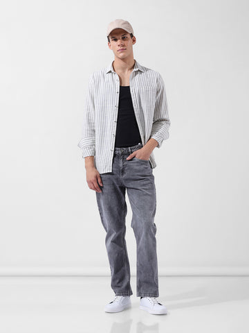 Men's Grey Slim Fit Striped Casual Shirt