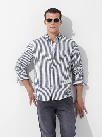 Men's Navy Blue Slim Fit Striped Casual Shirt