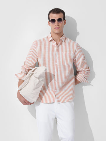 Men's Orange Slim Fit Striped Casual Shirt