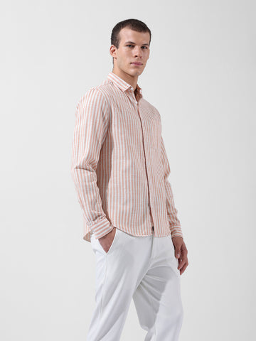 Men's Orange Slim Fit Striped Casual Shirt