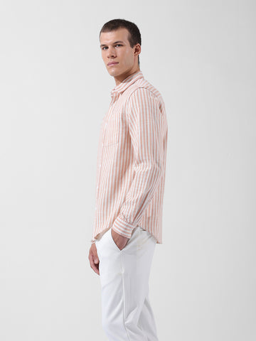 Men's Orange Slim Fit Striped Casual Shirt