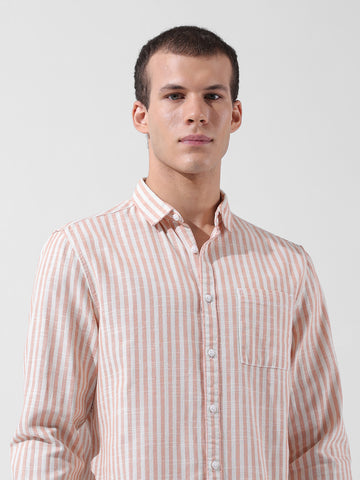 Men's Orange Slim Fit Striped Casual Shirt