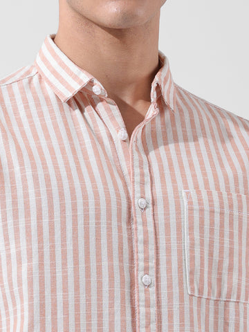 Men's Orange Slim Fit Striped Casual Shirt