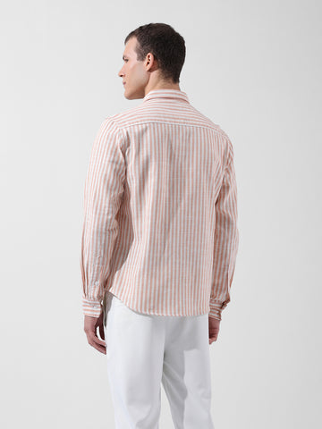 Men's Orange Slim Fit Striped Casual Shirt