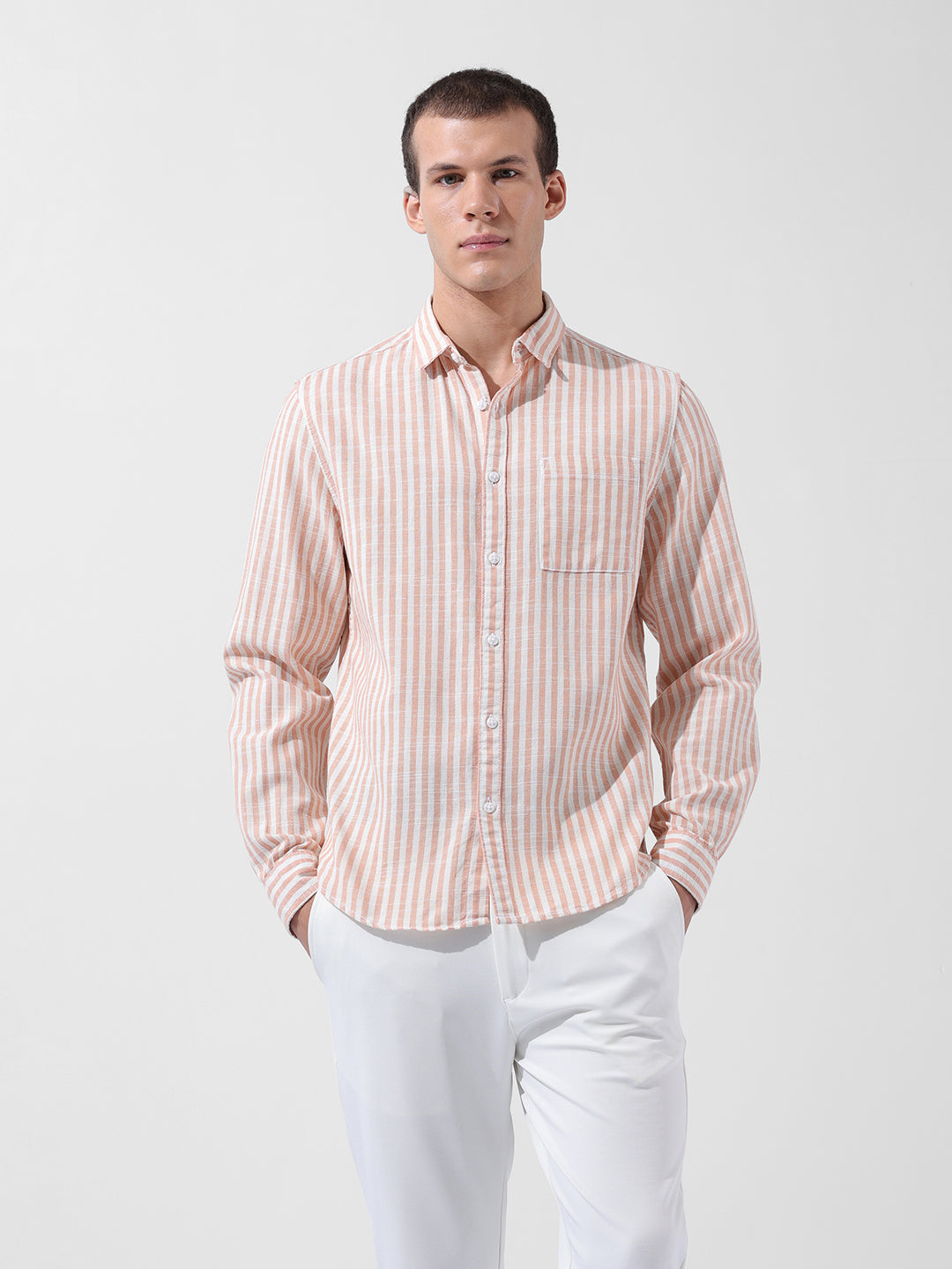 Men's Orange Slim Fit Striped Casual Shirt