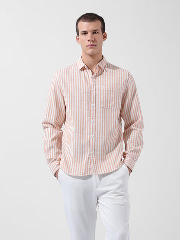Men's Orange Slim Fit Striped Casual Shirt