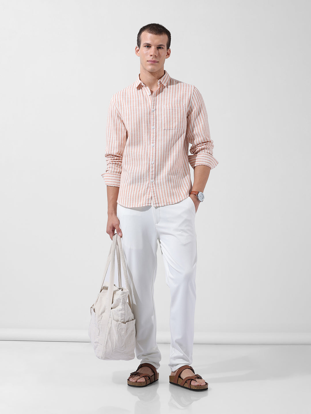 Men's Orange Slim Fit Striped Casual Shirt
