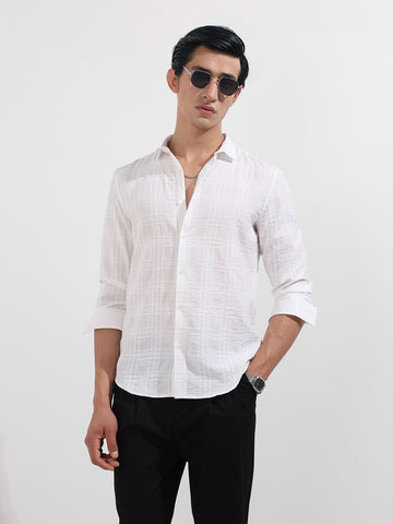 Men's White Slim Fit Textured Party Wear Shirt
