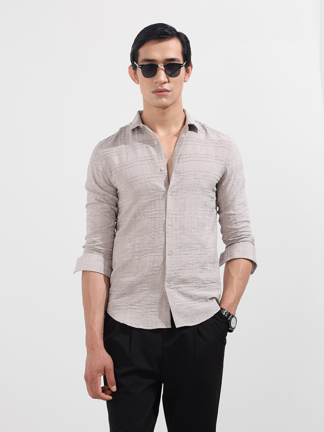 Men's Beige Slim Fit Textured Party Wear Shirt