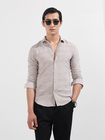 Men's Beige Slim Fit Textured Party Wear Shirt