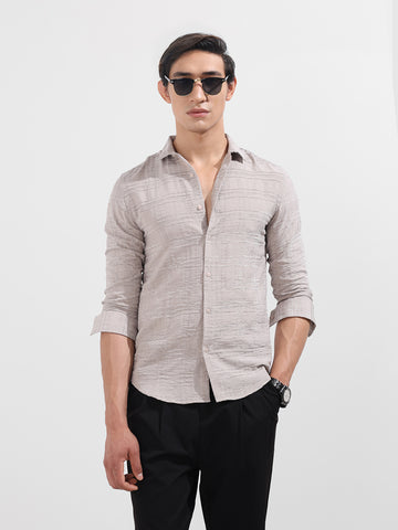 Men's Beige Slim Fit Textured Party Wear Shirt