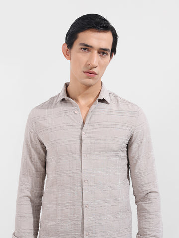 Men's Beige Slim Fit Textured Party Wear Shirt