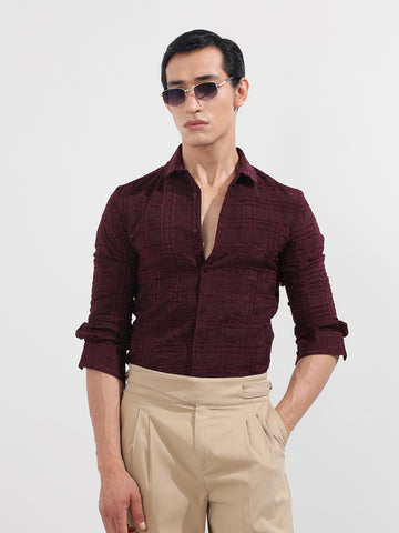 Men's Maroon Slim Fit Textured Party Wear Shirt