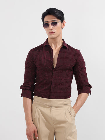 Men's Maroon Slim Fit Textured Party Wear Shirt